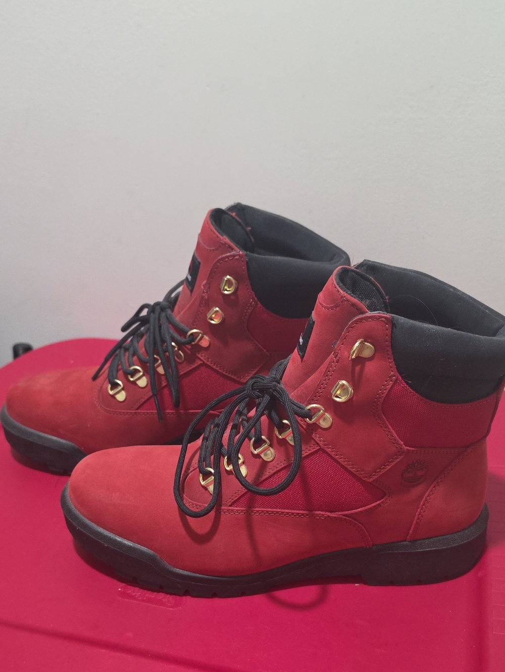 Timberland Women's Red Lace-Up Ankle Boots with Gold Hardware